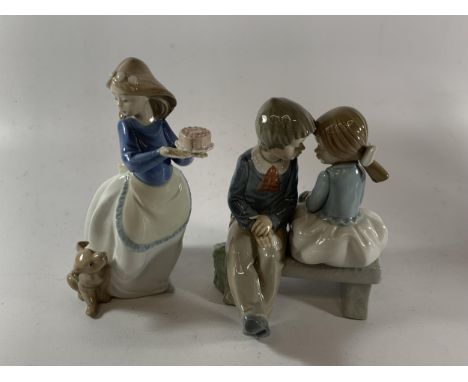 TWO NAO FIGURES - GIRL WITH CAKE AND CHILDREN ON A BENCH 