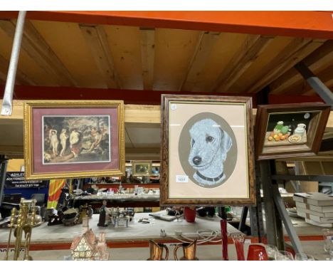 A GROUP OF THREE FRAMED PICTURES - CLASSICAL PRINT, ROSE DOG PORTRAIT AND STILL LIFE 