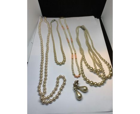 FOUR PEARL NECKLACES AND A PAIR OF PEARL EARRINGS 