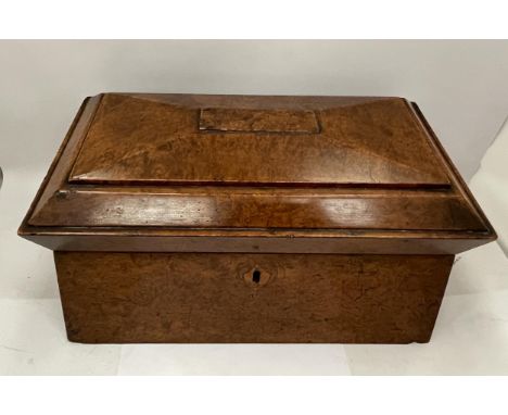 A VICTORIAN BURR MAPLE TEA CADDY, 35 X 18CM 