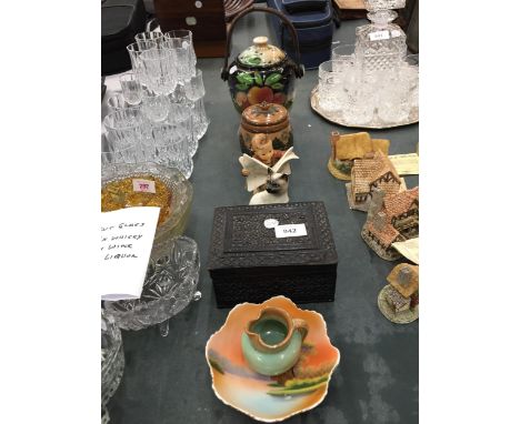 A MIXED LOT OF ITEMS, CARVED BOX HUMMEL FIGURE, DOULTON LAMBETH TOBACCO JAR ETC 