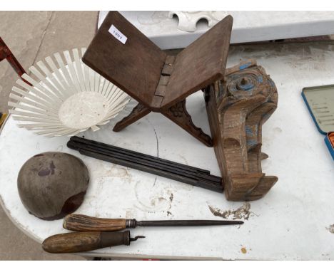 AN ASSORTMENT OF ITEMS TO INCLUDE A BOOK STAND AND A KNIFE SHARPENER ETC 