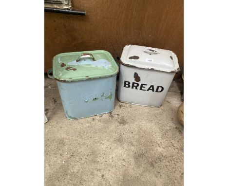 TWO VINTAGE ENAMEL BREAD BINS 