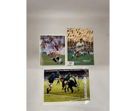 THREE SIGNED PICTURES OF RUGBY UNION PLAYERS - JOE ROKOOKO, JOHNNY WILKINSON AND JEREMY GUSCOTT - NO PROVENANCE 