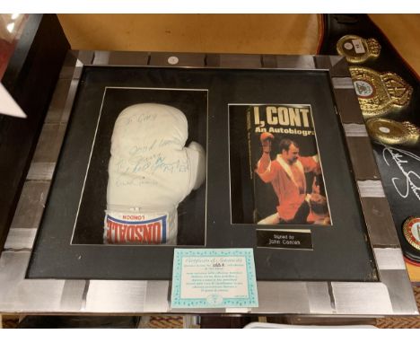 A FRAMED &amp; SIGNED JOHN CONTEH BOXING GLOVE &amp; AUTOBIOGRAPHY BOOK 