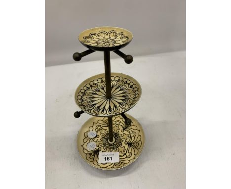 A SMALL METAL AND ENAMEL 3 TIER STAND HEIGHT 22.5CM 