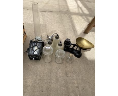 AN ASSORTMENT OF ITEMS TO INCLUDE SCALES AND LIGHT FITTINGS ETC 