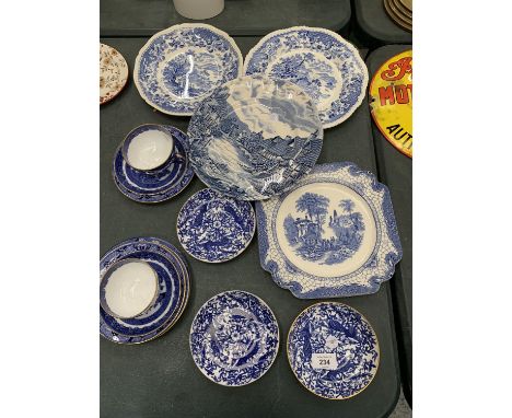 A QUANTITY OF BLUE AND WHITE CERAMICS TO INCLUDE ROYAL CROWN DERBY SAUCERS, MINTONS CUPS AND SAUCERS, LARGE PLATES, ETC 