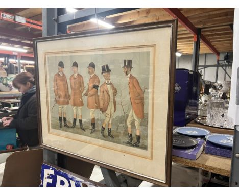 A LARGE 'SPY' FRAMED HUNTING PRINT 'MASTERS MEET' 65CM X 53CM 