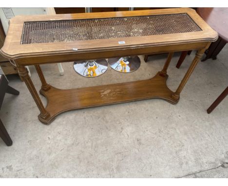 A BEECH CONSOLE TABLE ON FLUTED LEGS WITH INSET CANE TOP, 52" WIDE 