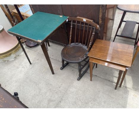 A SMALL VICTORIAN ELM AND BEECH ROCKING CHAIR, FOLDING CARD TABLE + NEST OF TWO TABLES 