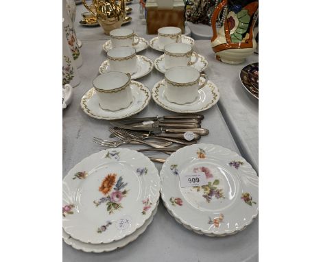 A MIXED GROUP OF ITEMS, GERMAN GILT CUPS AND SAUCERS, EPNS FLATWARE ETC
