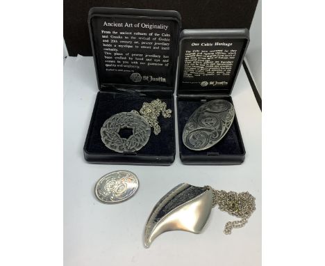 THREE PEWTER ITEMS TO INCLUDE A ST JUSTIN CELTIC STYLE PENDANT AND BROOCH BOTH BOXED, A FURTHER BROOCH AND A WHITE METAL MODA