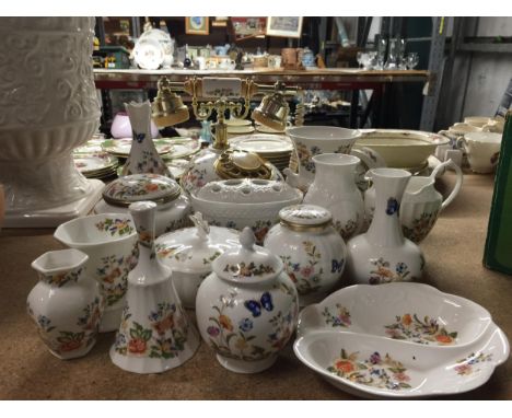 A LARGE QUANTITY OF AYNSLEY CHINA TO INCLUDE A TELEPHONE, VASES, TRINKET BOXES, A BELL, ETC 