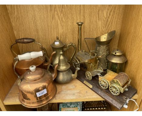 AN ASSORTMENT OF BRASS AND COPPER ITEMS TO INCLUDE A STEAM ENGINE MODEL, JUGS AND COFFEE POTS ETC 