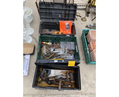 THREE PLASTIC TOOL BOXES CONTAINING AN ASSORTMENT OF TOOLS TO INCLUDE SPANNERS AND CLAMPS ETC 