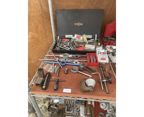 AN ASSORTMENT OF ENGINEERS TOOLS TO INCLUDE TPA AND DIES, PULLEYS AND PUNCHES ETC 