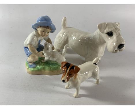 TWO BESWICK DOGS AND A ROYAL WORCESTER SEPTEMBER BOY FIGURE (A/F) 