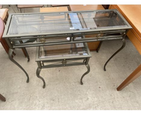 A MODERN METALWARE CONSOLE TABLE WITH GLASS TOP, 43" WIDE AND MATCHING LAMP TABLE, 19.5" SQUARE 