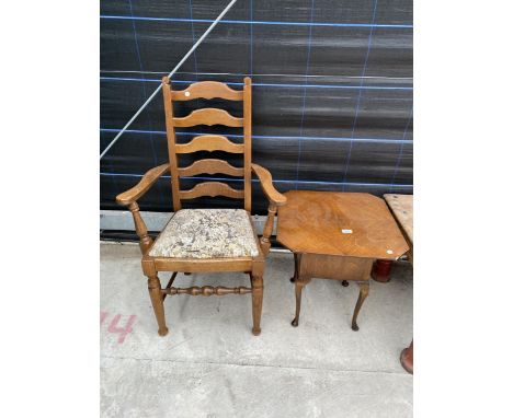 AN OAK LADDER BACK CARVER AND CHAIR AND AN OAK WORK BOX/TABLE ON CABRIOLE LEGS 