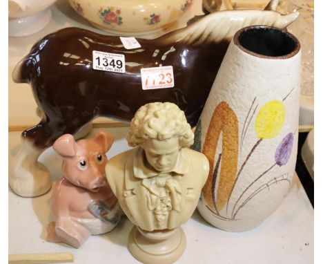 Melba carthorse, resin bust of Beethoven, pig moneybox and a West German vase. Not available for in-house P&amp;P, contact Pa