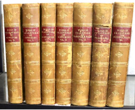 Pictorial edition of The Works of William Shakespeare in seven volumes, half leather bound published by Clark Knight &amp; Co