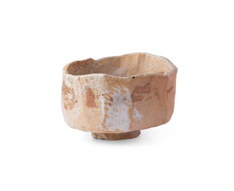 § Ewen Henderson (British 1934-2000) Tea Bowl, c.1988 cut sided form, pale pink/brown glaze with white and brown splashes(8cm