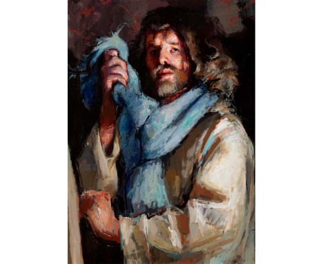 § Robert O. Lenkiewicz (British 1941-2002)  Self-Portrait with Blue Scarf Oil on paper(71.5cm x 51cm (28.25in x 20.25in))Foot