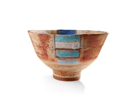 § Robin Welch (British 1938-2019) Footed bowl impressed artist's seal, textured and with blue and white glazes(22cm high, 38c