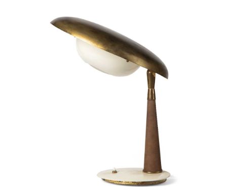 Angelo Lelii (Italian 1911-1979) for Arredoluce Table Lamp, circa 1956 brass, enameled aluminum, leather, frosted glass(44cm 