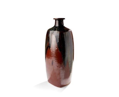 § Jim Malone (British 1946-) at Lessonhall Bottle vase impressed artist's and pottery seals, kaki with copper pours(41cm high