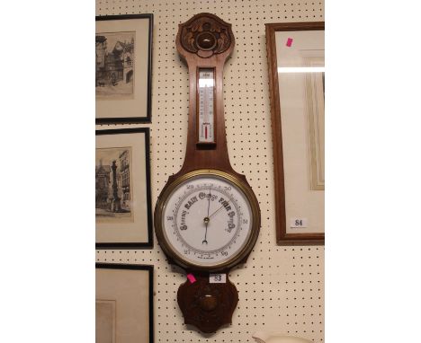 Edwardian Walnut cased Wall barometer and 3 framed pictures 
