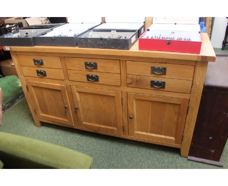 Long French Oak Sideboard with brass drop handles and panel doors 160cm in Length 