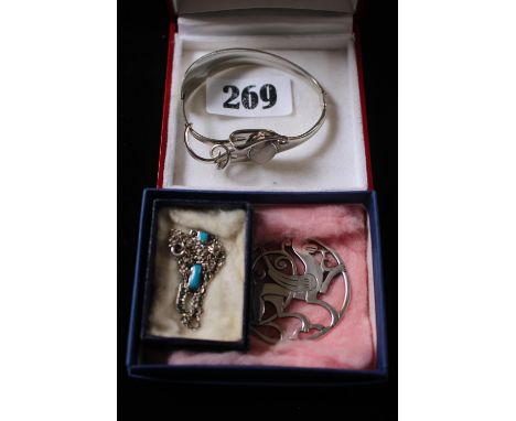 Silver Shetland Brooch, Silver chain with pendant and Fork Bangle 