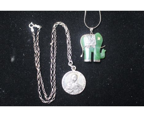 Silver and Jade Elephant Pendant on chain and a Coin type pendant on chain 