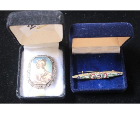 Miniature portrait of a Lady in Silver frame and a Micro mosaic Italian brooch 