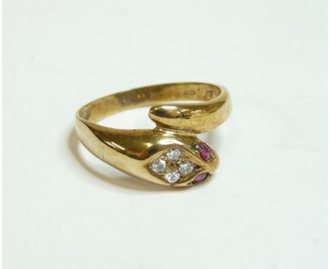 A ruby and diamond gold snake ring, marked 375, finger size P½