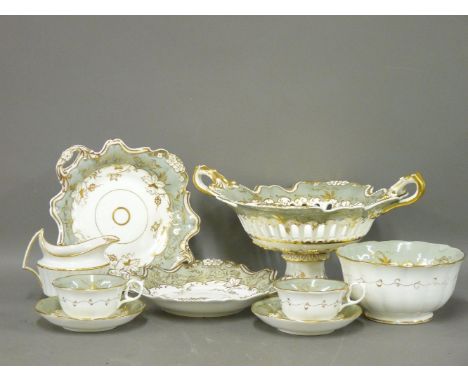 An extensive 19th century Staffordshire pottery part twelve setting tea service, with shaped grey and gilt borders, twelve pl