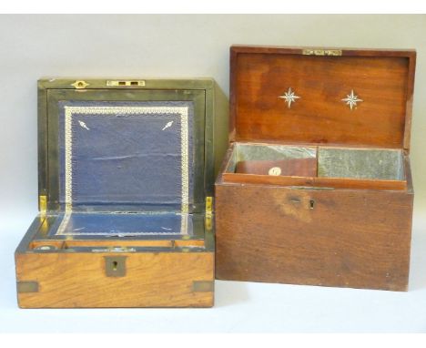 A Victorian walnut and metal bound writing slope, and a George III mahogany tea caddy with star inlaid interior lid, with the