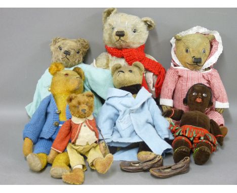 Five large teddy bears, a Bing plush mohair acrobat teddy, labelled button to the arm 'BW', lacking one arm, 26cm, and a Nora