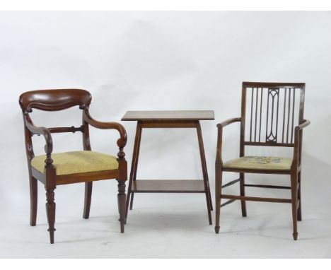 A William IV mahogany desk chair, an Edwardian strung mahogany elbow chair, and an Edwardian mahogany lamp table