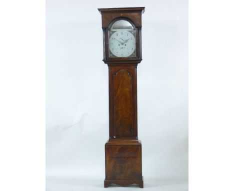 A 19th century eight day strung mahogany longcase clock, the painted arched dial with a ship portrait over seconds and calend