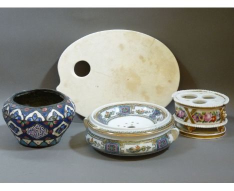 A Victorian white advertising palette, a French 19th century porcelain inkstand, a draining dish, and small Islamic enamel bo