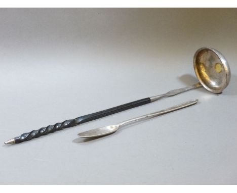 A Georgian silver double ended marrow scoop, London 1785, 21.5cm, and a toddy ladle with inset George III 1810 gilt coin and 