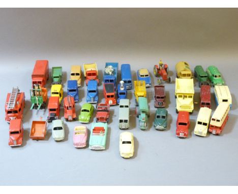 A box of various Dinky toys, including early commercials, Royal Mail, Slumberland, Beefy Oxo, Nestlé, Dunlop, speaker van, et