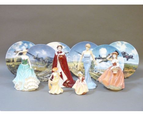 Three Royal Doulton figures, two Coalport figures, a Worcester figure, and six limited edition plates