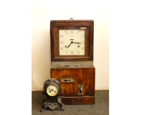 A Warwick clocking-in clock, in an oak case, and a mantel clock