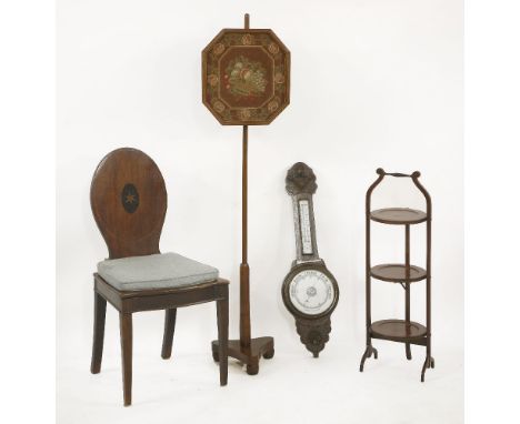A George III mahogany hall chair, a pole screen, a folding cake stand, and an aneroid barometer