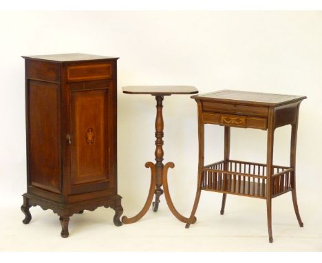 An Edwardian inlaid writing table, 50cm wide, a tripod table, 40.5cm side, and a bedside cabinet, 37cm wide approximately