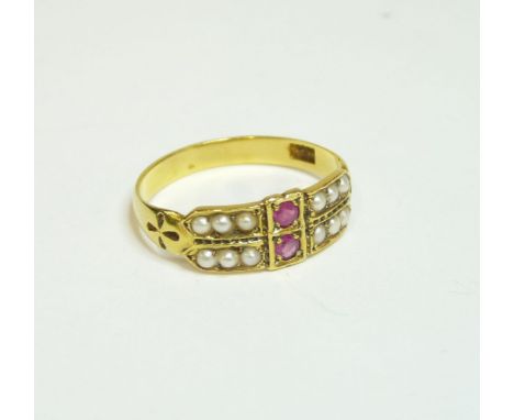 A gold ruby and split pearl half hoop ring, marked 15ct, finger size approximately M-N